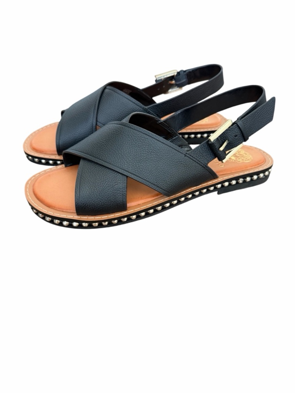 Vince Camuto Black Leather Cross-Strap Slingback Sandals with Stud Trim